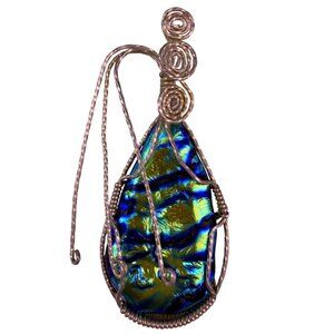 Oval Multicolor Abalone Shell Wire Wrapped Pendant Handmade Silver Tone